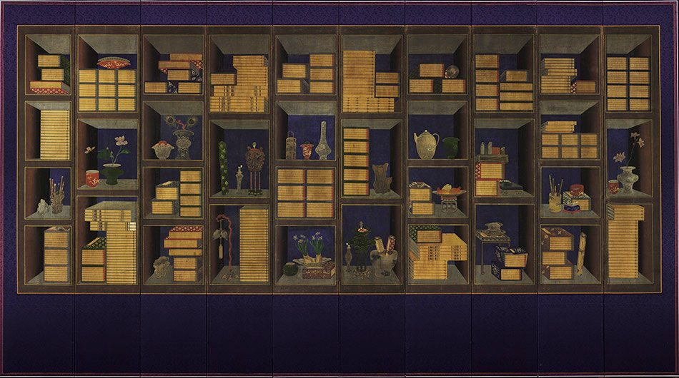 Korean Chaekgeori screen with books and scholarly objects arranged on shelves
