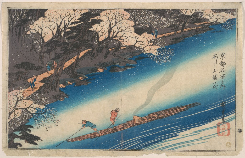 Japanese ukiyo-e of cherry blossoms along a river with travelers and a raft