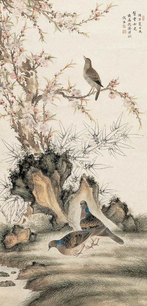 Traditional East Asian bird-and-flower painting with blossoms, bamboo, and doves