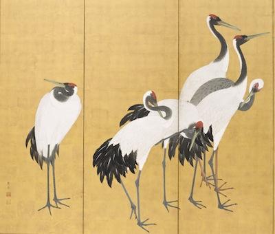 Screen painting of red-crowned cranes on a gold ground