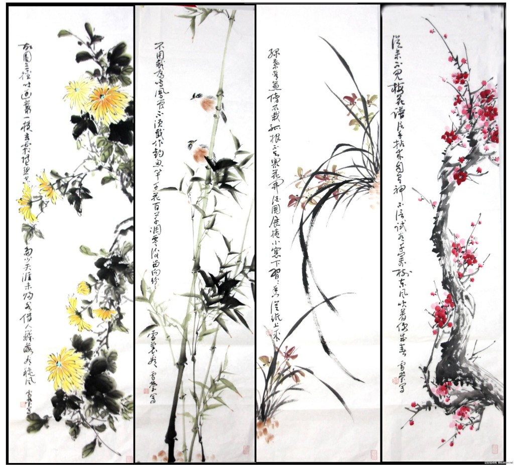Chinese ink paintings of plum blossom, orchid, bamboo, and chrysanthemum