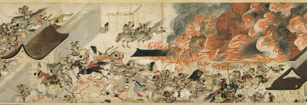 Japanese handscroll painting depicting battle scene with warriors and fire