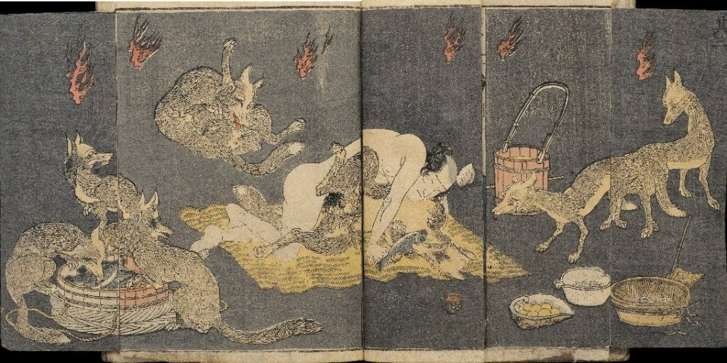 Ukiyo-e print of kitsune and human figures in a supernatural scene