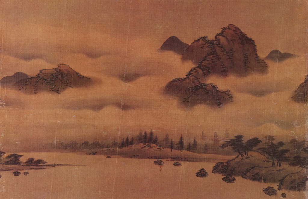 Traditional Korean landscape painting with misty mountains and water