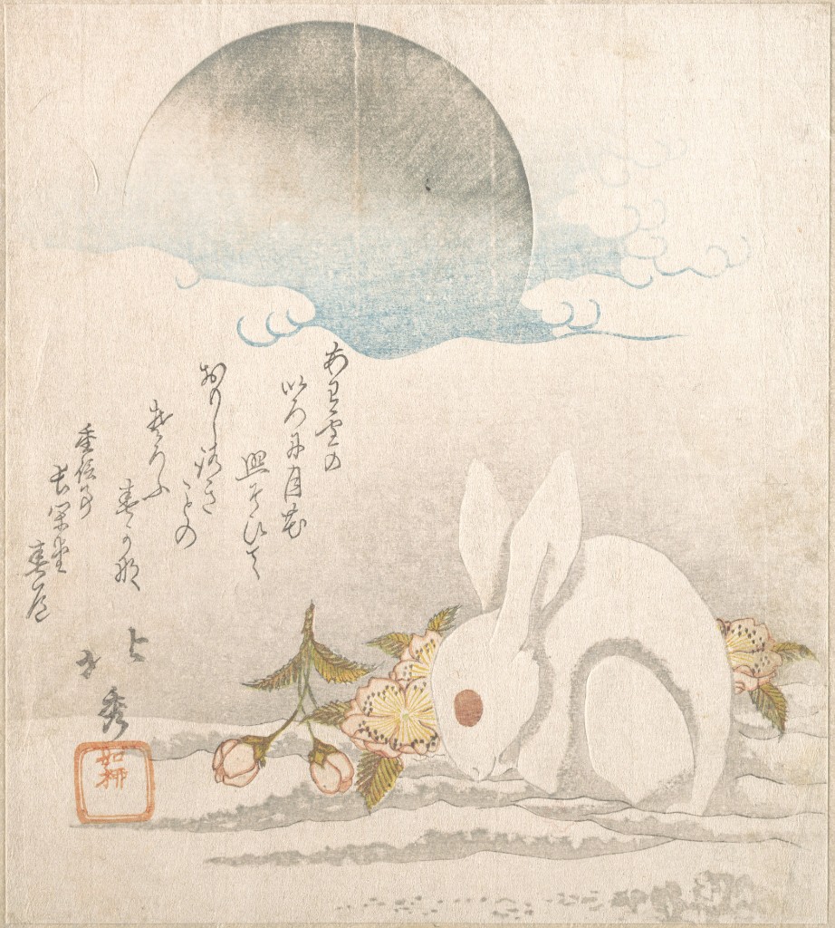 Japanese ukiyo-e of the moon rabbit among flowers under the full moon