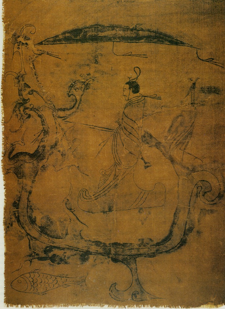 Ancient ink drawing of a figure on silk, early Chinese painting