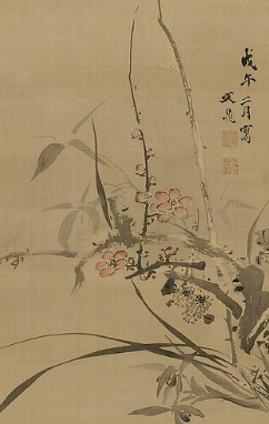 Chinese-style image evoking plum, orchid, bamboo, and chrysanthemum, the Four Gentlemen
