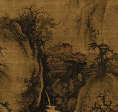 Chinese landscape-style scene suggesting a mountain monastery pavilion
