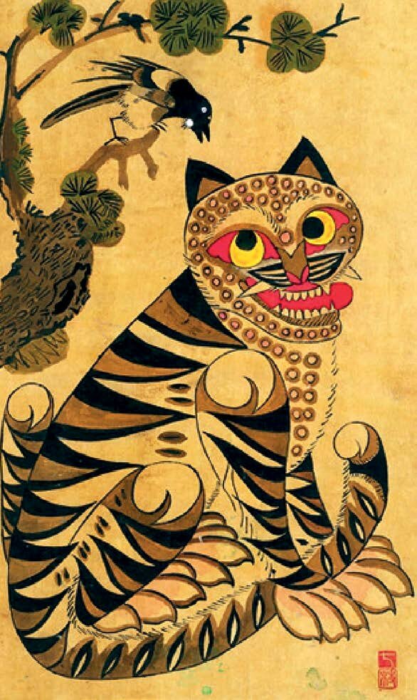 Korean Minhwa painting of a tiger and magpie with pine